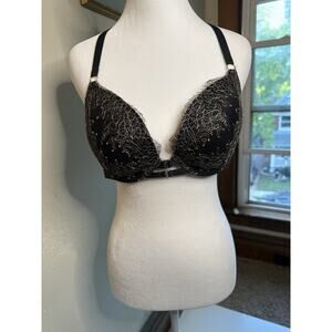 Victoria’s Secret Very Sexy Push-Up Bra 36C Black Beige Lace Strappy Back Sexy